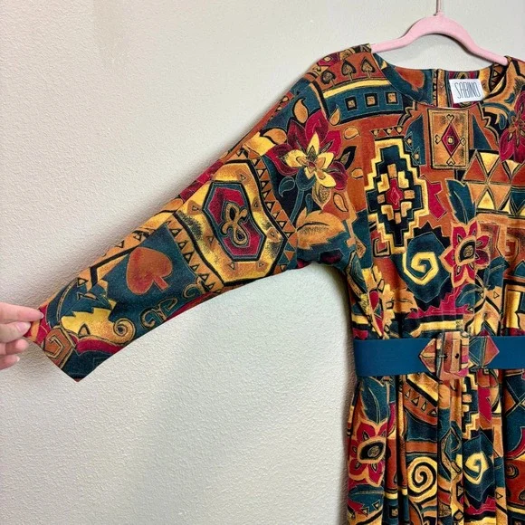 Sabino Vintage 80s‎ Midi Dress Abstract Print Belted Long Sleeve Size 6 Bohemian - Picture 4 of 16